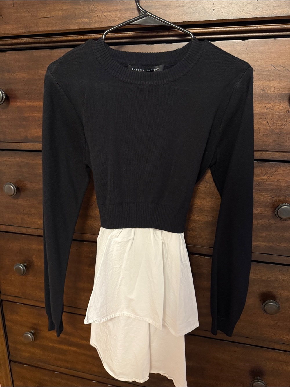 English Factory Black Sweater with White Layered Peplum and Back Bow